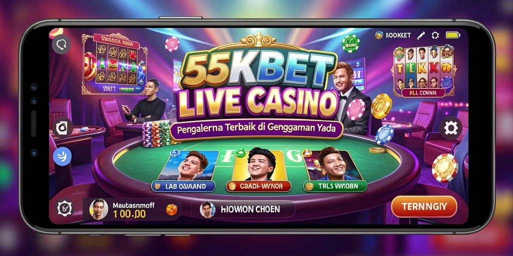 Tangkapan layar gameplay 55KBET yang menampilkan dealer langsung dan interaksi pemain.