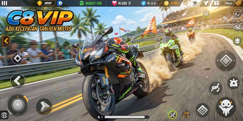 Gameplay C8VIP yang seru dan mendebarkan di balapan motor.