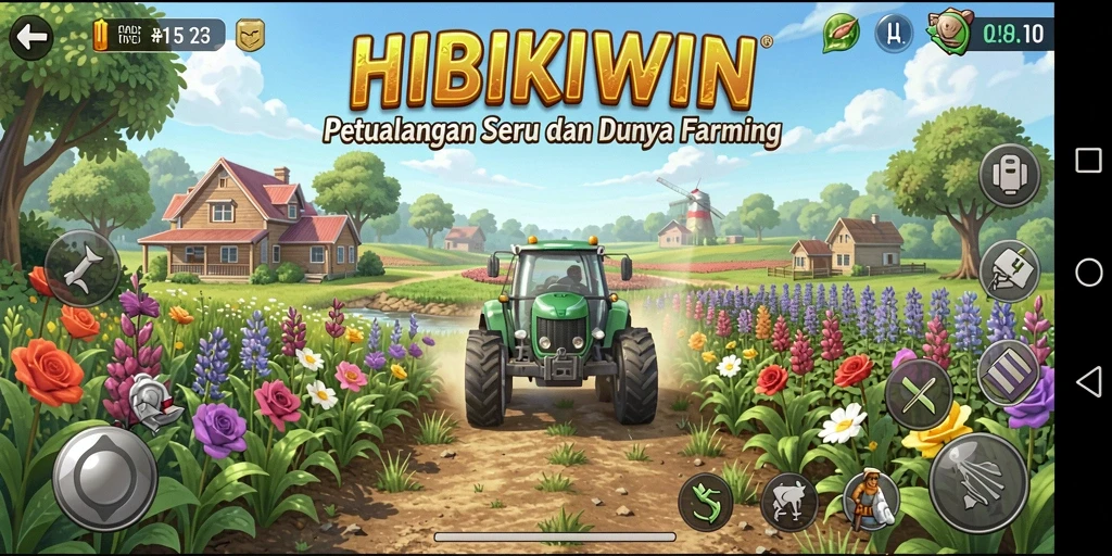 Screenshot yang menunjukkan aktivitas bertani di HIBIKIWIN dengan grafis menarik.